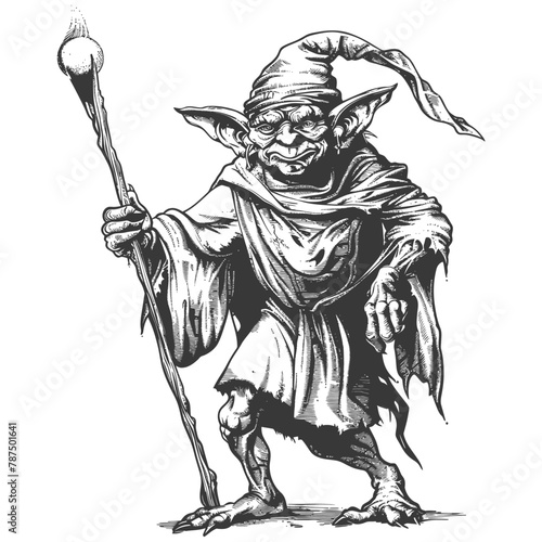 goblin mage or necromancer with magical staff images using Old engraving style