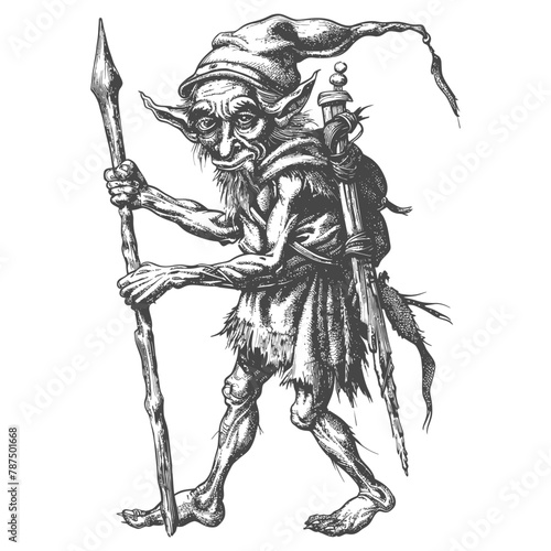 goblin mage or necromancer with magical staff images using Old engraving style