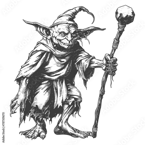goblin mage or necromancer with magical staff images using Old engraving style