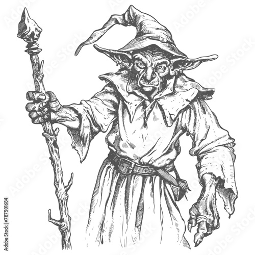 goblin mage or necromancer with magical staff images using Old engraving style