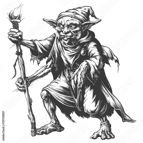 goblin mage or necromancer with magical staff images using Old engraving style