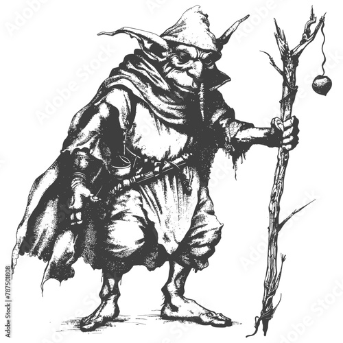 goblin mage or necromancer with magical staff images using Old engraving style