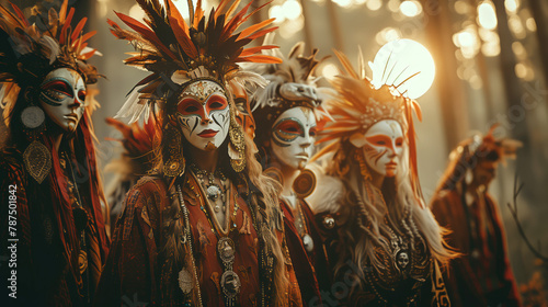 Amidst a festival of masks, revelers don elaborate disguises to honor the spirits of the forest during a lunar eclipse photo