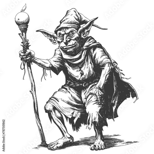 goblin mage or necromancer with magical staff images using Old engraving style