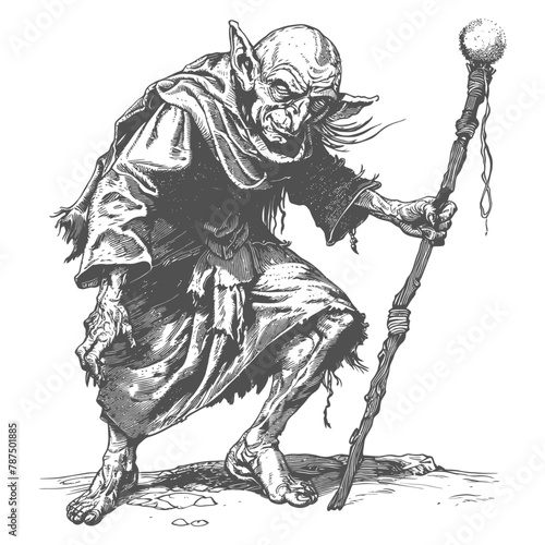 goblin mage or necromancer with magical staff images using Old engraving style