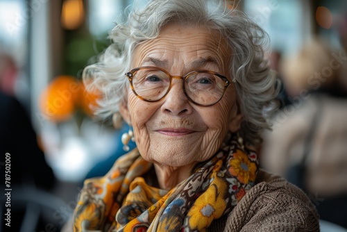 Mature woman with glasses and warm scarf gives a heartwarming smile to the camera