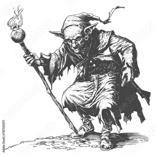 goblin mage or necromancer with magical staff images using Old engraving style