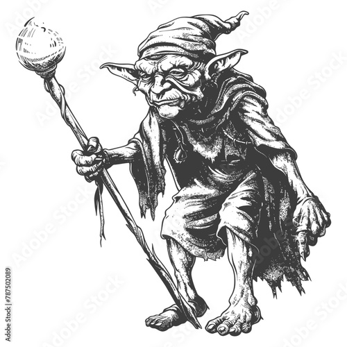 goblin mage or necromancer with magical staff images using Old engraving style