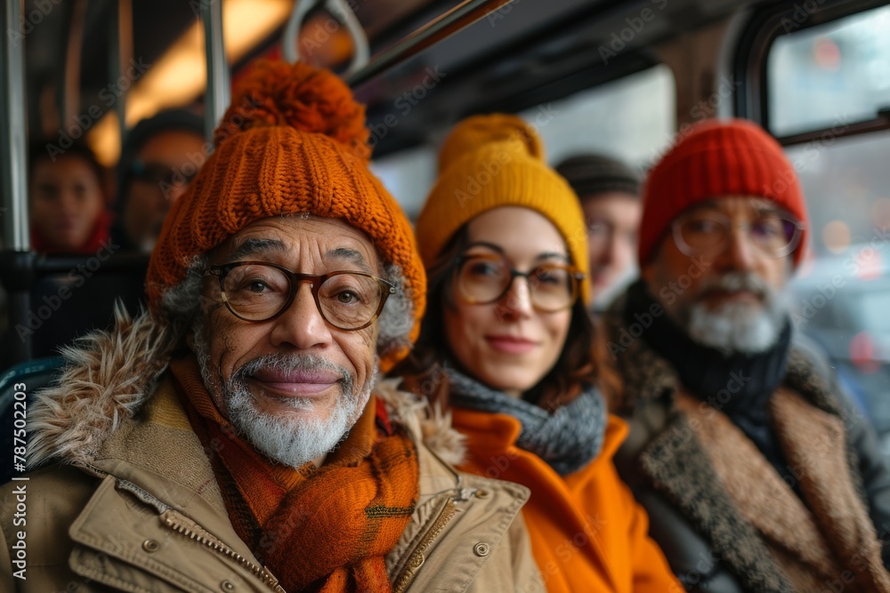 Focused on a senior man in an orange hat, surrounded by fellow passengers on a bus, signifying urban travel and diversity