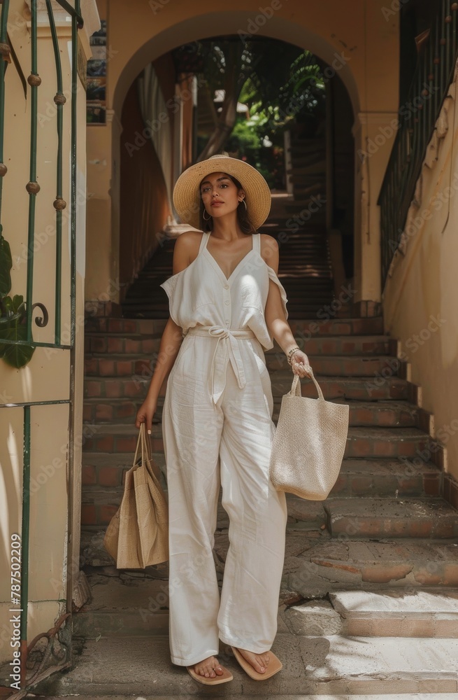 Woman in White Jumpsuit Carrying Shopping Bags