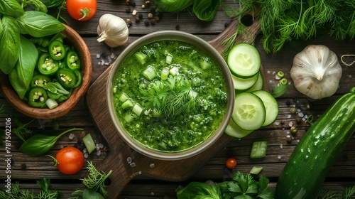 A vibrant bowl of nutritious green soup adorned with an artful arrangement of fresh and colorful vegetables, set against a rustic wooden table. Invigorate your taste buds with this wholesome