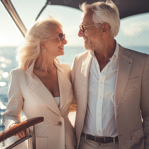 a wealthy, well dressed, attractive retired couple looking at eachother smiling on a yacht in the sunshine photo