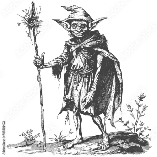 goblin mage or necromancer with magical staff images using Old engraving style