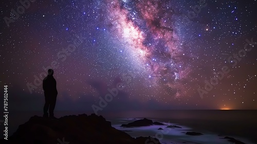 The image is a beautiful landscape photo of a starry night sky over the ocean.