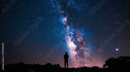 A mesmerizing night sky scene with a lone stargazer captivated by the celestial display. The Milky Way illuminates the dark remote location, creating an enchanting backdrop.