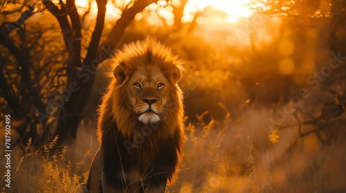Male lion with a golden mane  staring at the camera with the sun rising in the background.