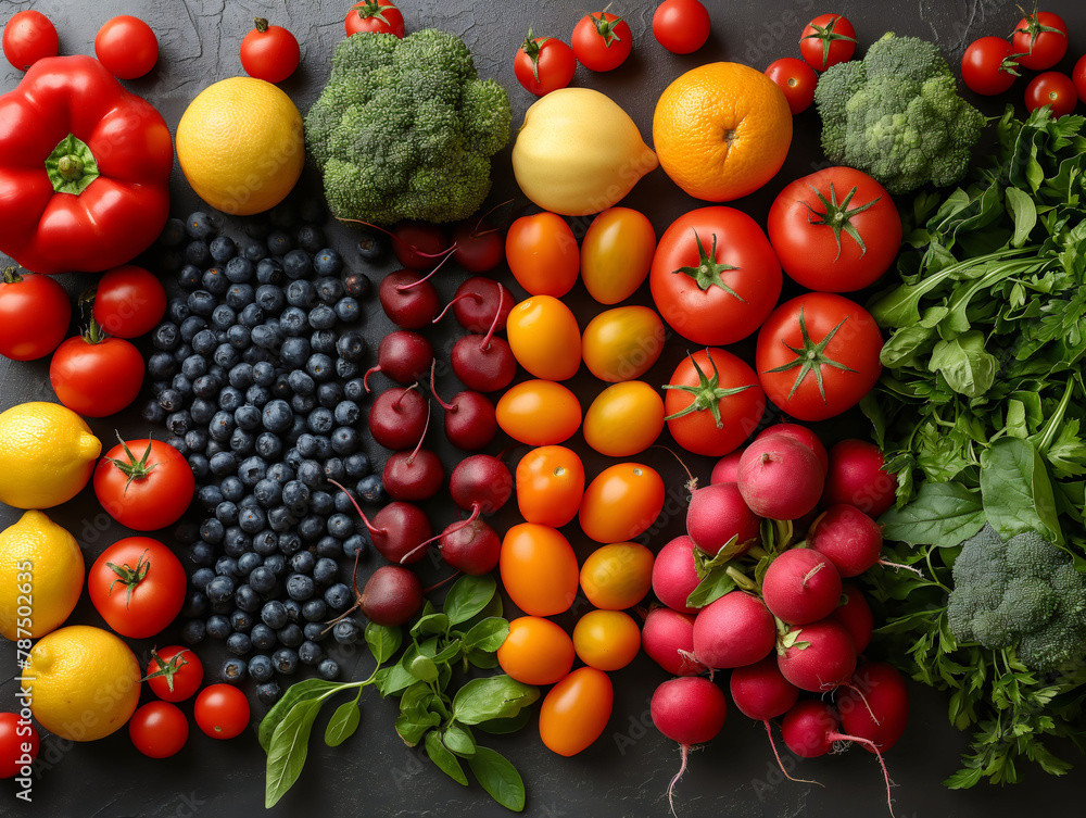 Top view of fruits and vegetables arranged neatly on a table Top view of fruits and vegetables arranged neatly on a table