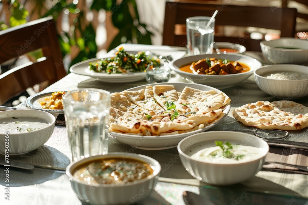 Assorted Indian Cuisine on Dining Table, Natural Light