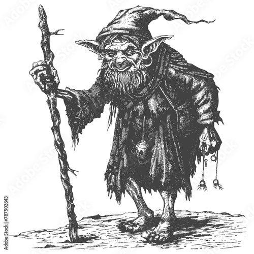 goblin mage or necromancer with magical staff images using Old engraving style