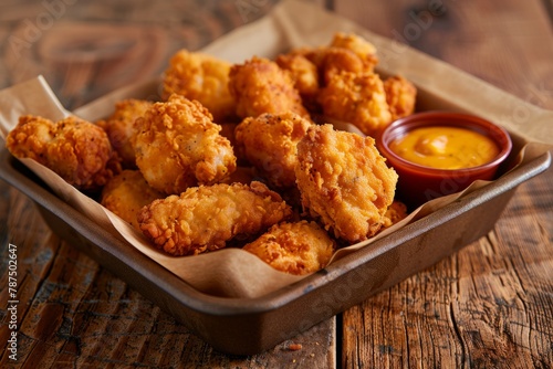 Savory Chicken Nuggets with Spicy Dip on Rustic Table © Ilia Nesolenyi