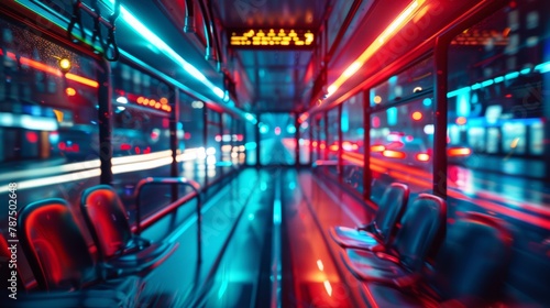 A blurry image of a bus interior with many seats and neon lights, AI © starush