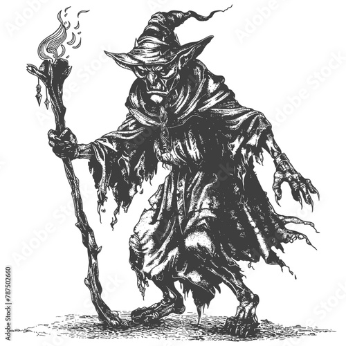 goblin mage or necromancer with magical staff images using Old engraving style