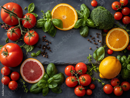 Top view of fruits and vegetables arranged neatly on a table