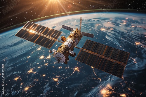 This imagery showcases a satellite with sunlight flaring behind, highlighting human achievements in space exploration photo
