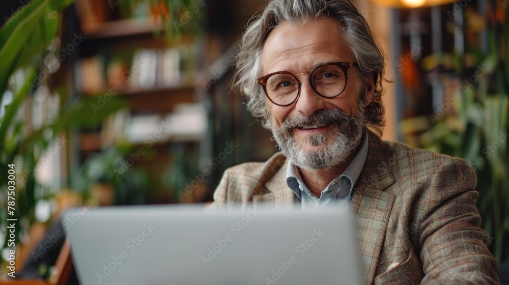 Freelance In Older Age. Happy Senior Man Sitting At Desk With Laptop. Happy middle aged man, entrepreneur, small business owner working online. Freelance In Older Age. Happy Senior Man Sitting At Desk With Laptop. Happy middle aged man, entrepreneur, small business owner working online.