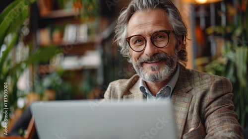 Freelance In Older Age. Happy Senior Man Sitting At Desk With Laptop. Happy middle aged man, entrepreneur, small business owner working online.