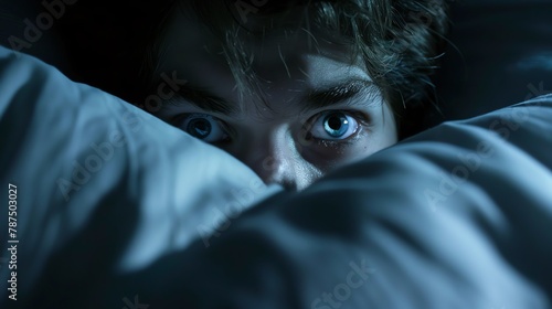 A young boy is hiding under the covers of his bed, his eyes wide with fear