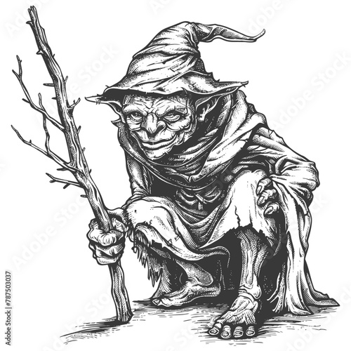 goblin mage or necromancer with staff images using Old engraving style