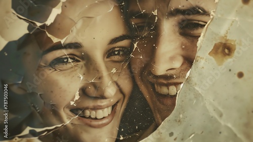 A sepia toned, cracked photo of a smiling man and woman photo