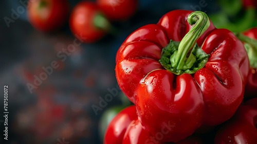 Red bell pepper in focus with a blurred background. The pepper is facing the camera at a slight angle. photo