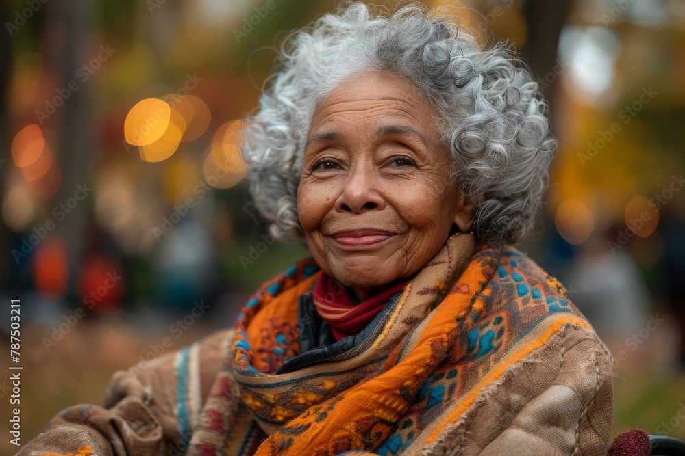 A senior woman with gray hair smiling warmly, wrapped in a colorful shawl with autumn leaves in the background A senior woman with gray hair smiling warmly, wrapped in a colorful shawl with autumn leaves in the background