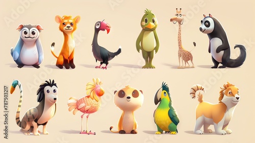A collection of cute and colorful cartoon animals. The animals are all different shapes and sizes, and they are all doing different things.