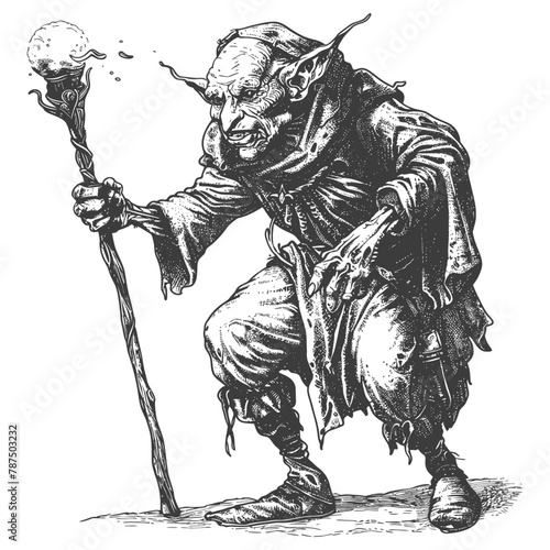 goblin mage or necromancer with magical staff images using Old engraving style