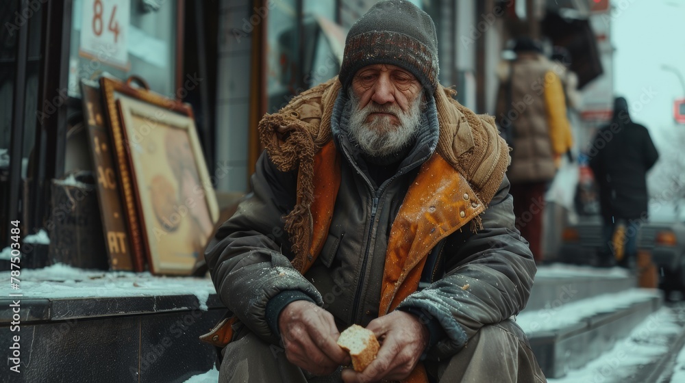 Poor homeless man on city street