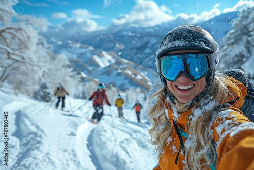 Energetic skier taking a selfie with friends skiing downhill in the snowy mountain landscape behind