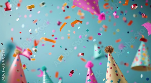 Group of Balloons With Confetti on Blue Background