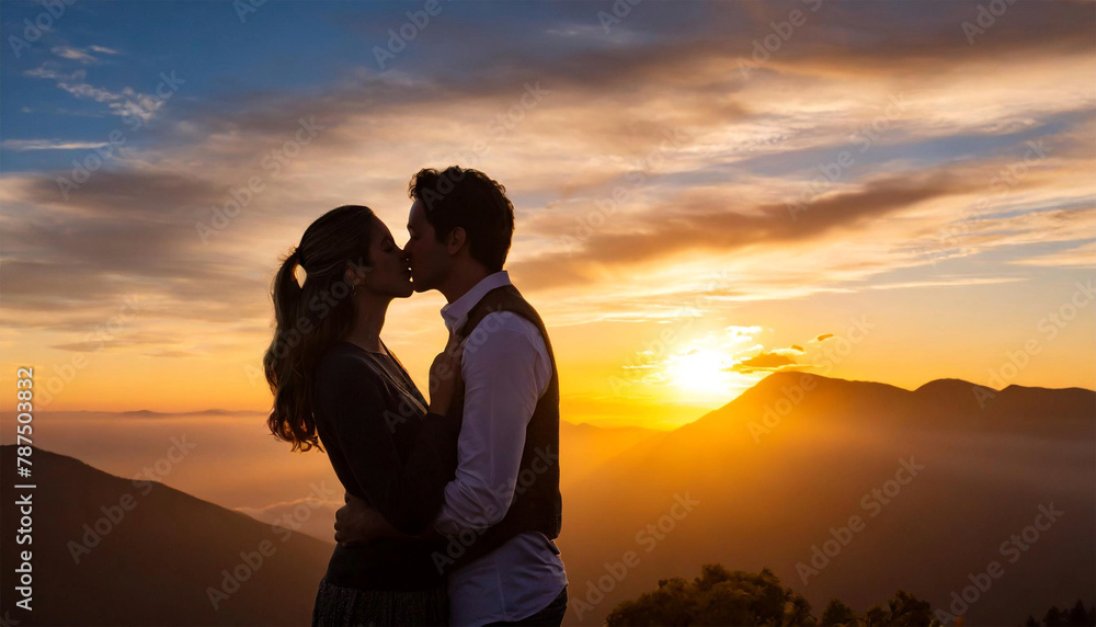 Silhouette of a couple sharing a kiss against a colourful sunset. 