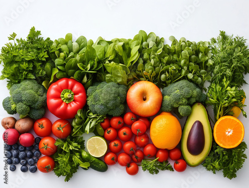 Top view of fruits and vegetables arranged neatly on a table