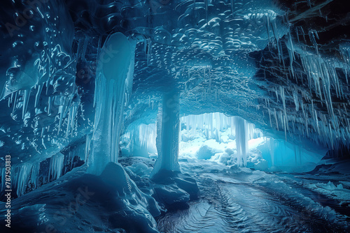 ice cave with icicles and streams of melting water