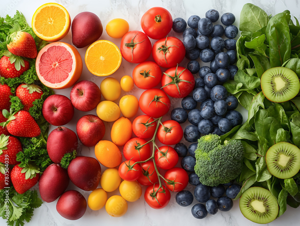 Top view of fruits and vegetables arranged neatly on a table Top view of fruits and vegetables arranged neatly on a table