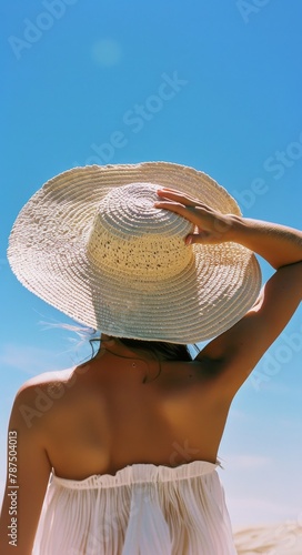 Woman in Bikini and Hat on Beach