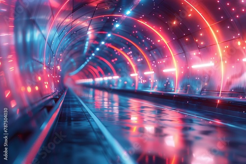 A 3D rendered futuristic tunnel illuminated with vibrant red and blue neon lights reflecting off wet surfaces