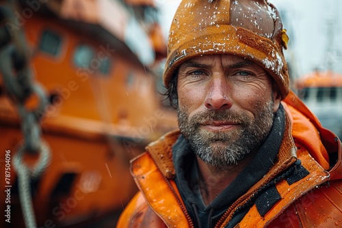 A rugged, frost-covered fisherman in protective gear with a determined look