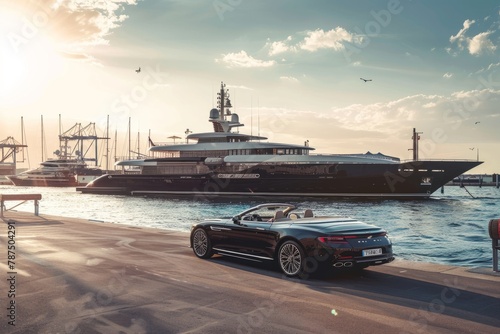 Evening Elegance: Convertible Car and Super Yacht photo