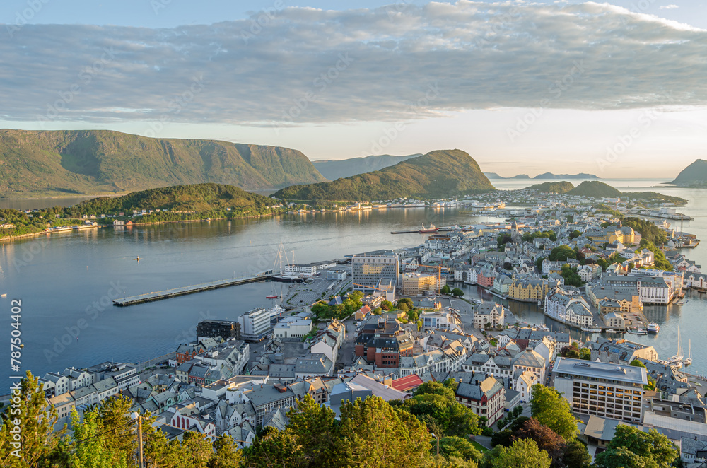Aerial view at sunset of the city of Alesund, Norway