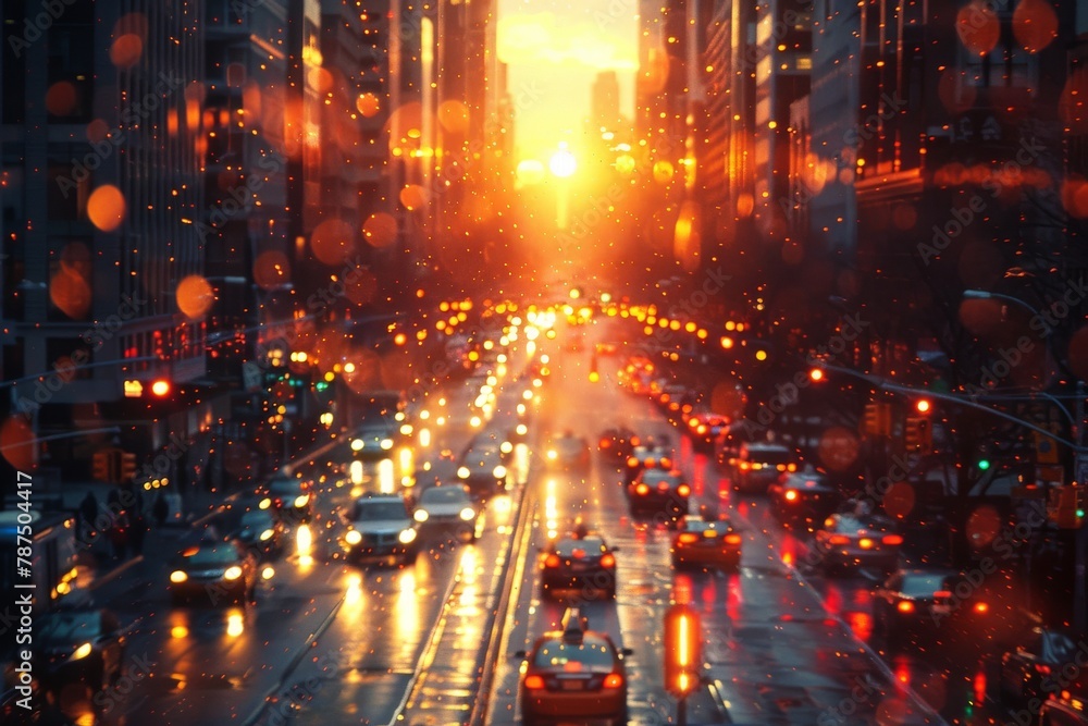 This atmospheric image captures a rainy city street at dusk with reflections of street lights, creating a moody urban scene